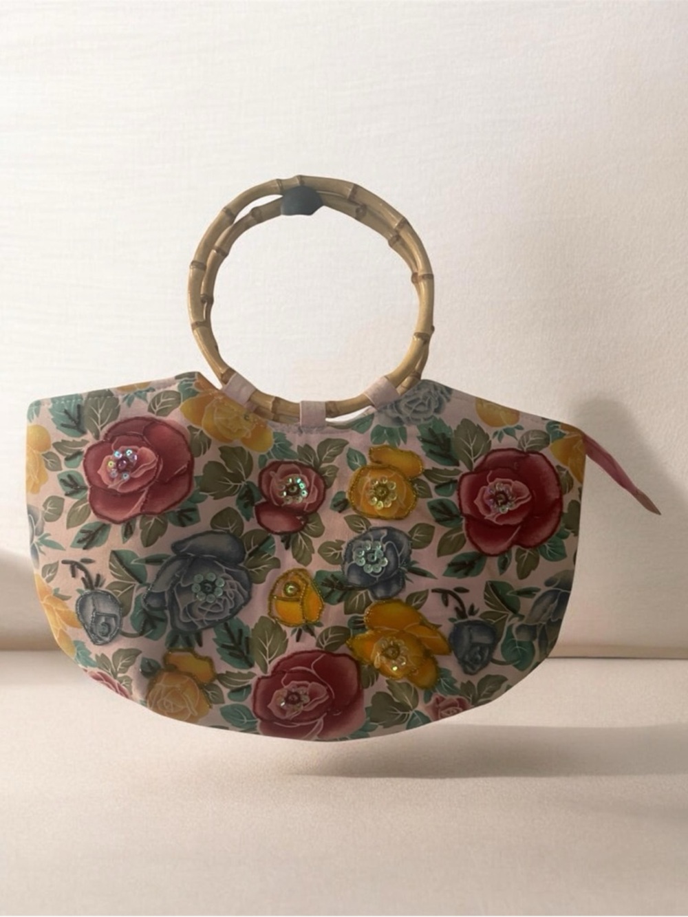 Floral Bamboo-Handle Shoulder Bag for beach 🏖️ Pink Multi